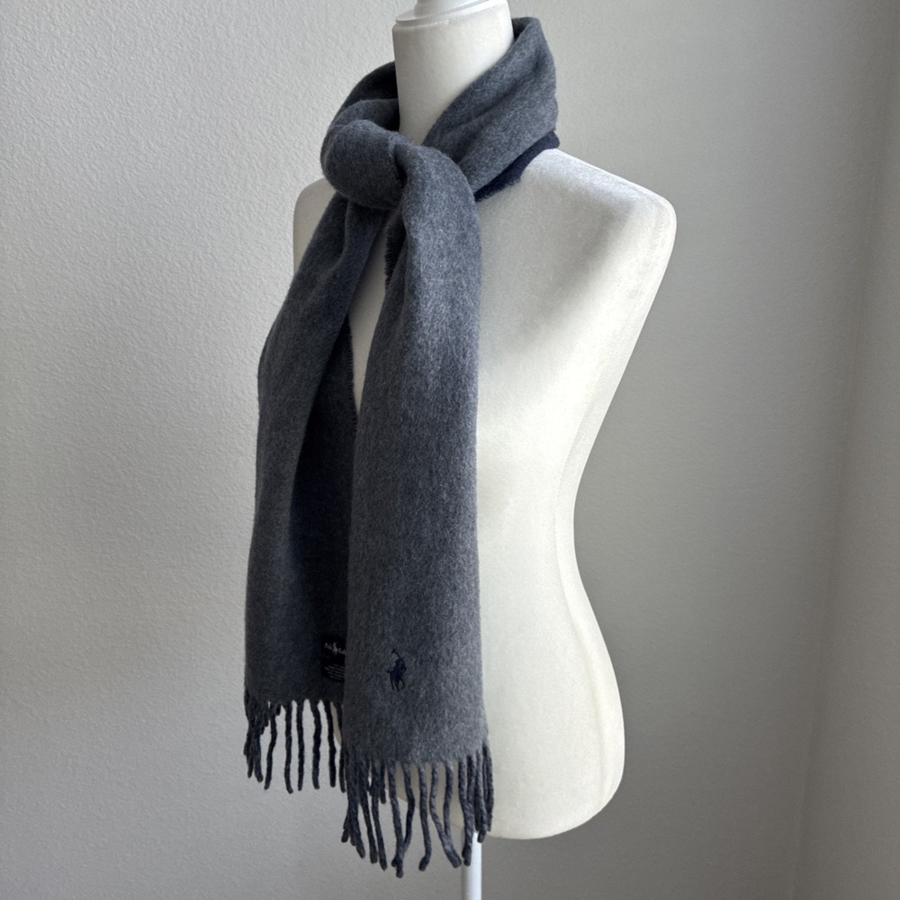 Vintage Polo Ralph Lauren Grey & Blue Reversible Lambswool Blend Fringe Scarf - Picture 4 of 13